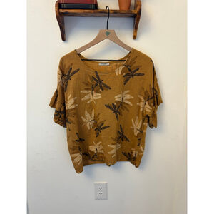 Elena Baldi 100% Linen Dragonfly Print Top Size L Ruffle Sleeve